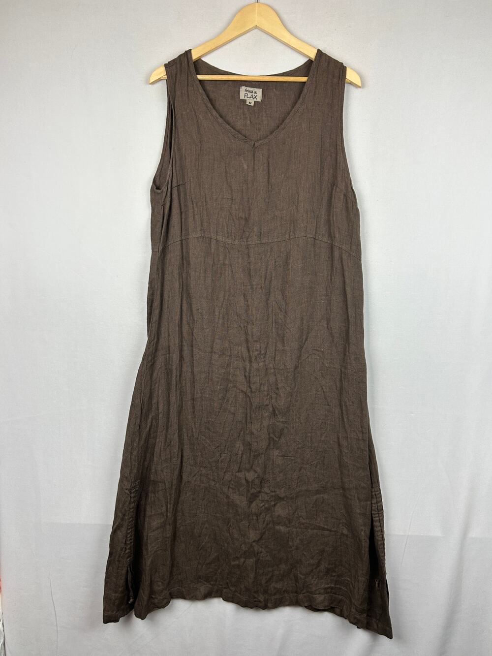 Dressed In FLAX 100% Linen Brown Sleeveless Lightweight Maxi Dress Womens Size M